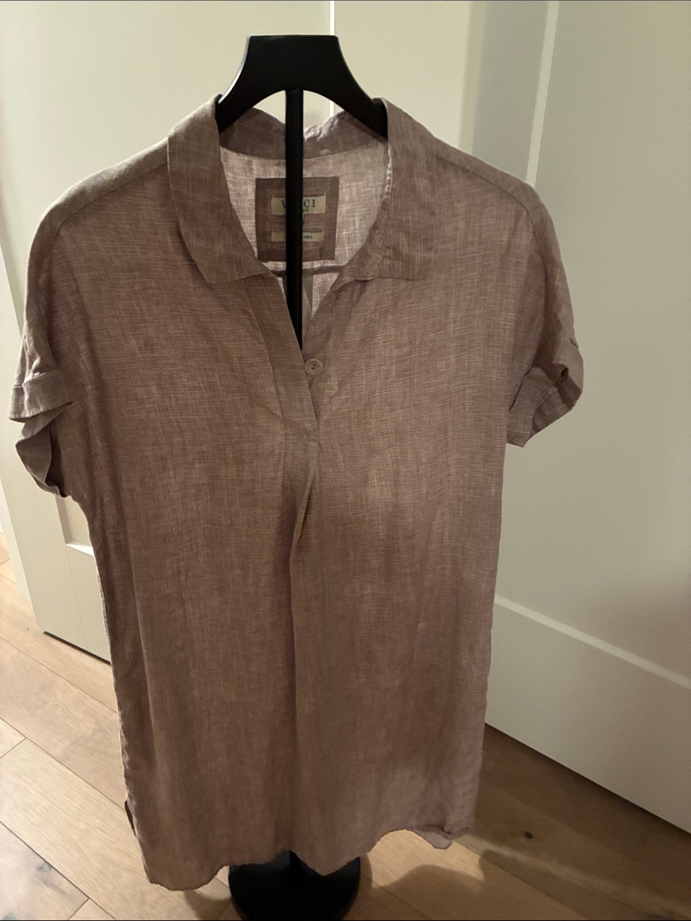 German Linen Short Sleeve Shift Dress in light brown